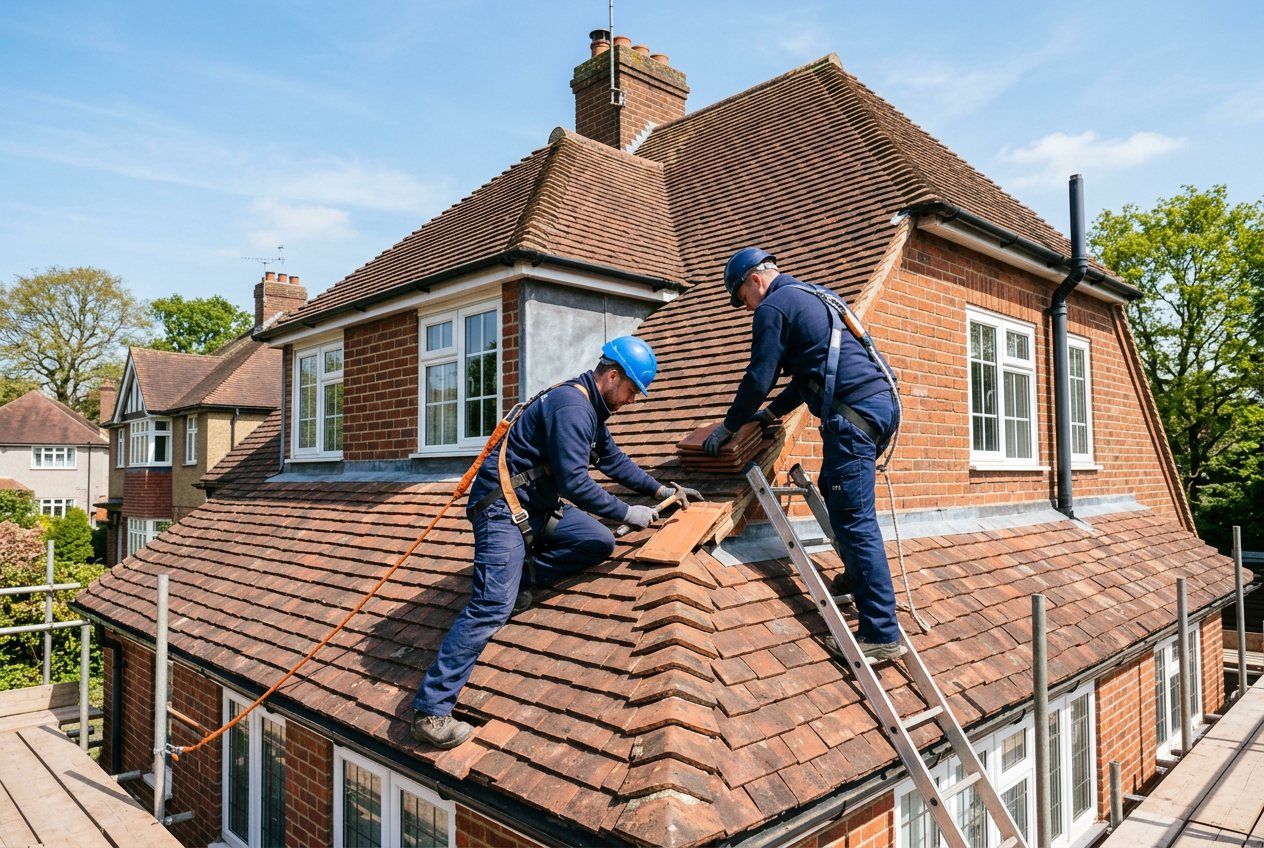 Landmark roofers working together on a tiled roof