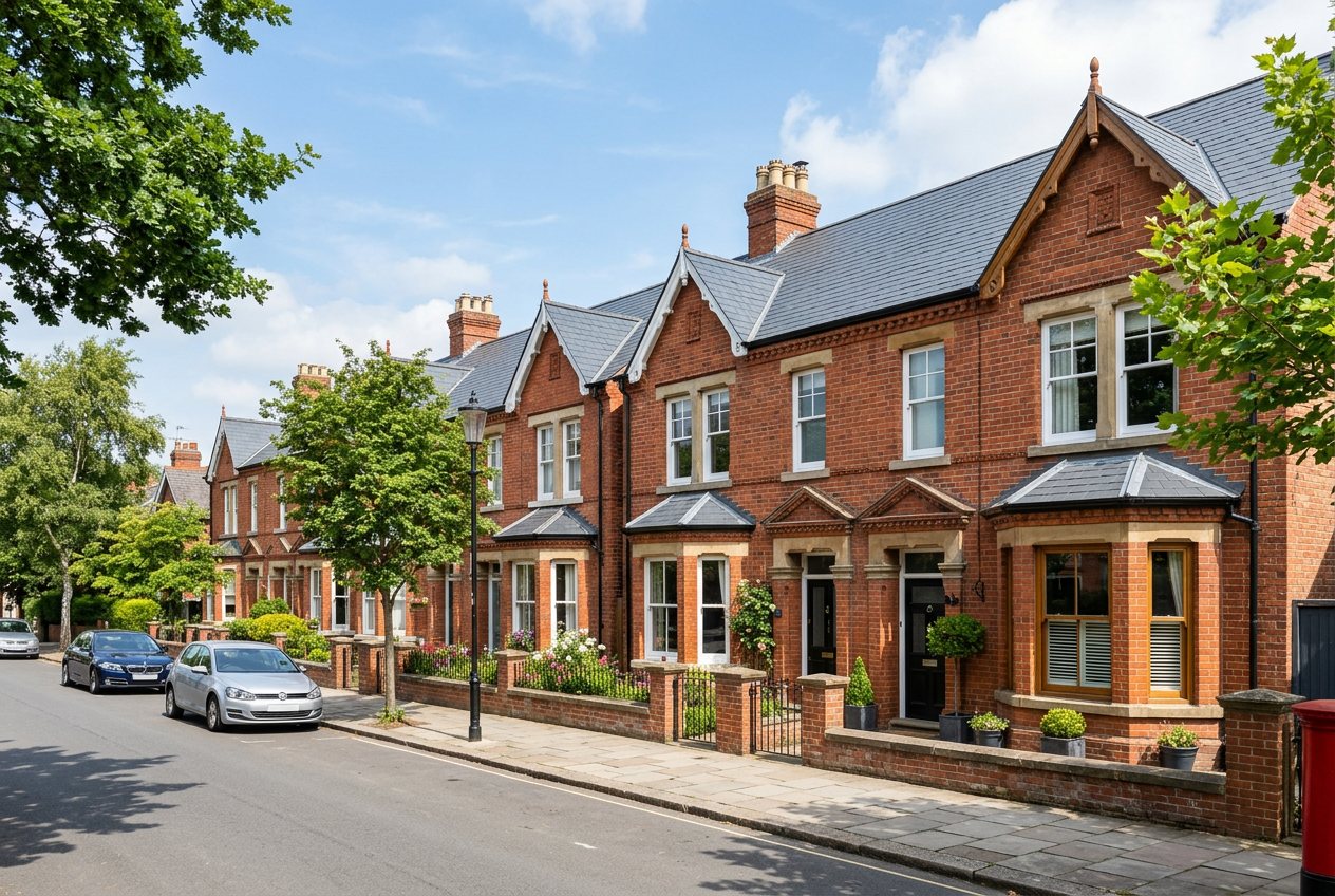 Victorian red-brick terraced houses with new Welsh slate roofs