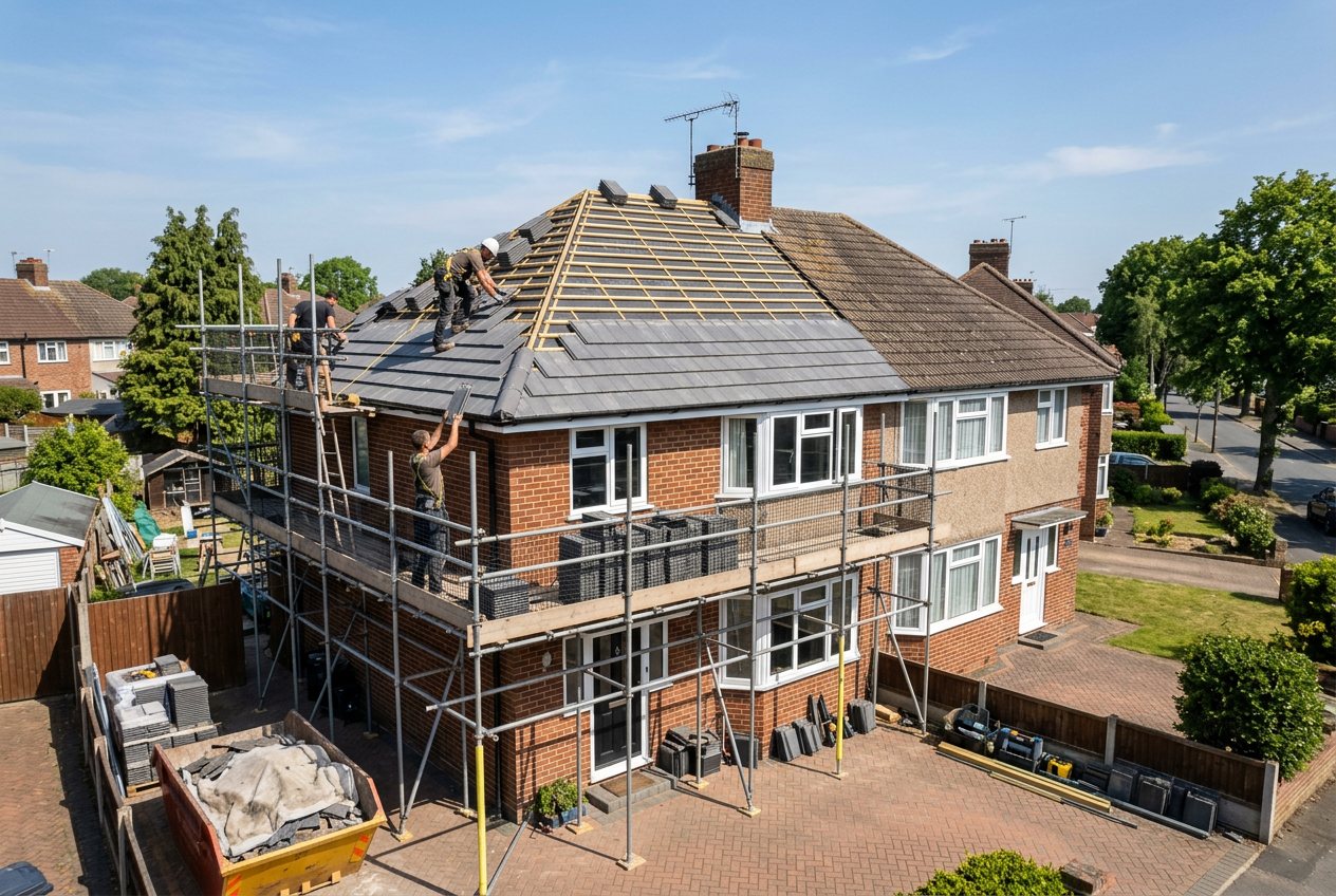 Re-roofing a semi-detached house with new tiles and scaffolding